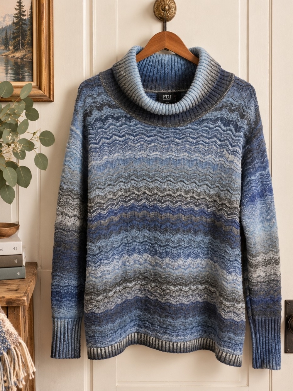 FDJ XL Blue Ombre Textured Wave Knit Cowl Neck Sweater